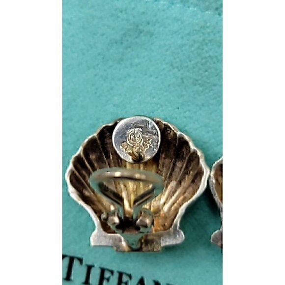 Tiffany & Co Vintage Sterling Silver 14kt Gold Sapphire Shell Earrings - Picture 5 of 6